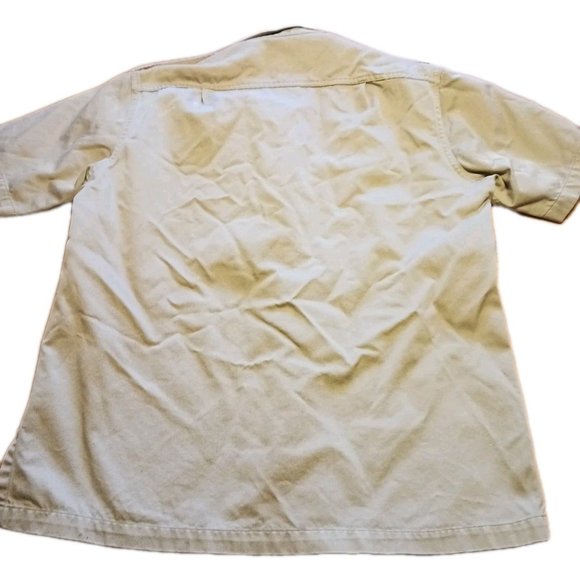 THRASHED VTG Men's M Khaki Canvas Army Button Up Short Sleeve Shirt 15-15.5 - Picture 7 of 7